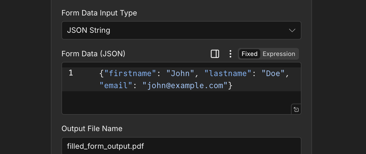Il tipo di input dei dati del modulo è impostato su stringa JSON con editor di dati del modulo (JSON) che mostra un singolo oggetto JSON inline firstname John lastname Doe email john at example dot com, seguito da nome del file di output filled_form_output.pdf